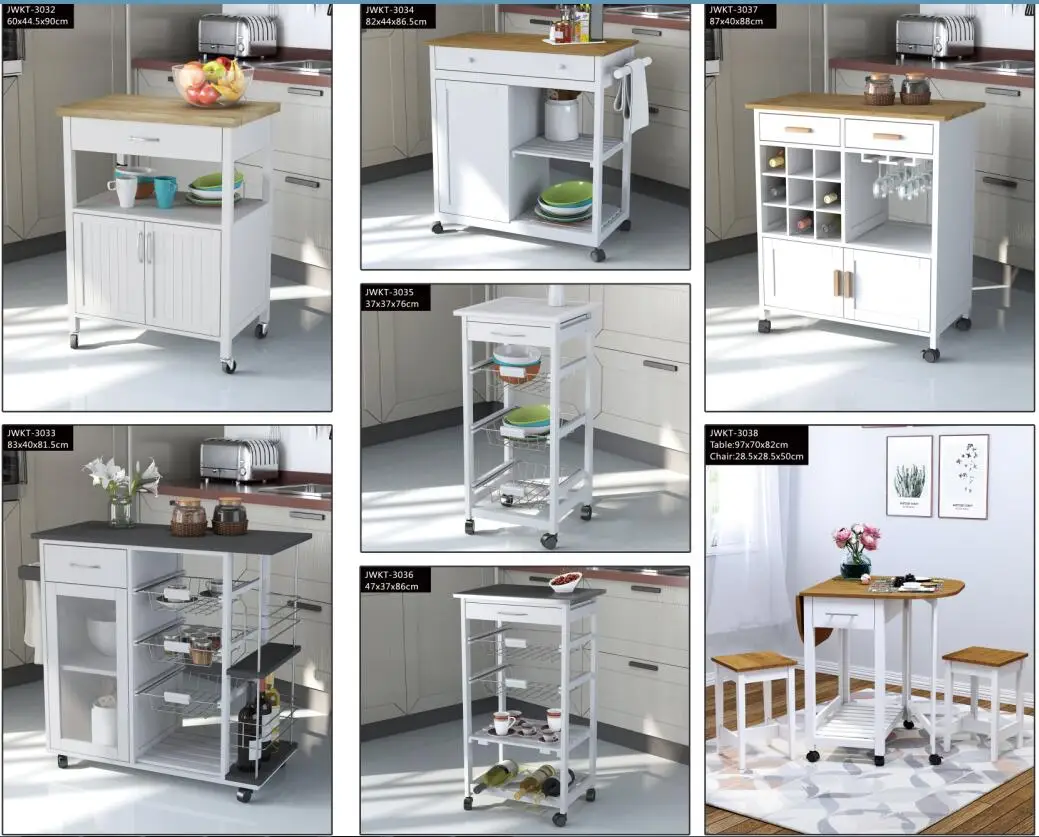 Competitive Price Modern Mobile Food Serving Storage PVC Top Wooden Kitchen Trolley Cart with wheels