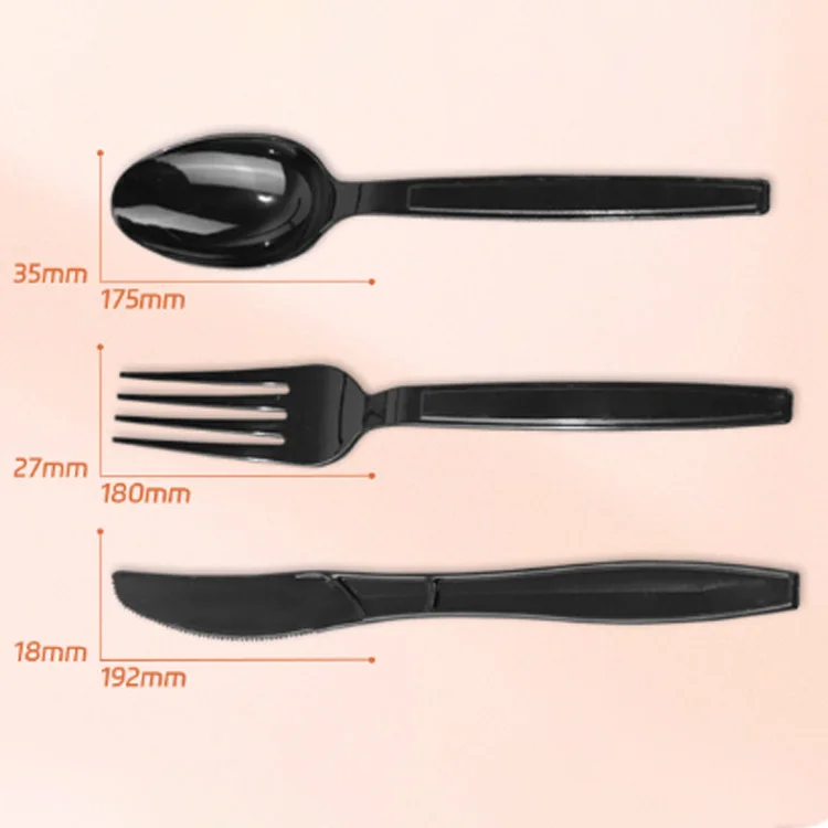 Custom 6 In 1 Heavy Weight Black Wrapped Plastic Cutlery Disposable spoon fork knife set with napkin salt and pepper pack