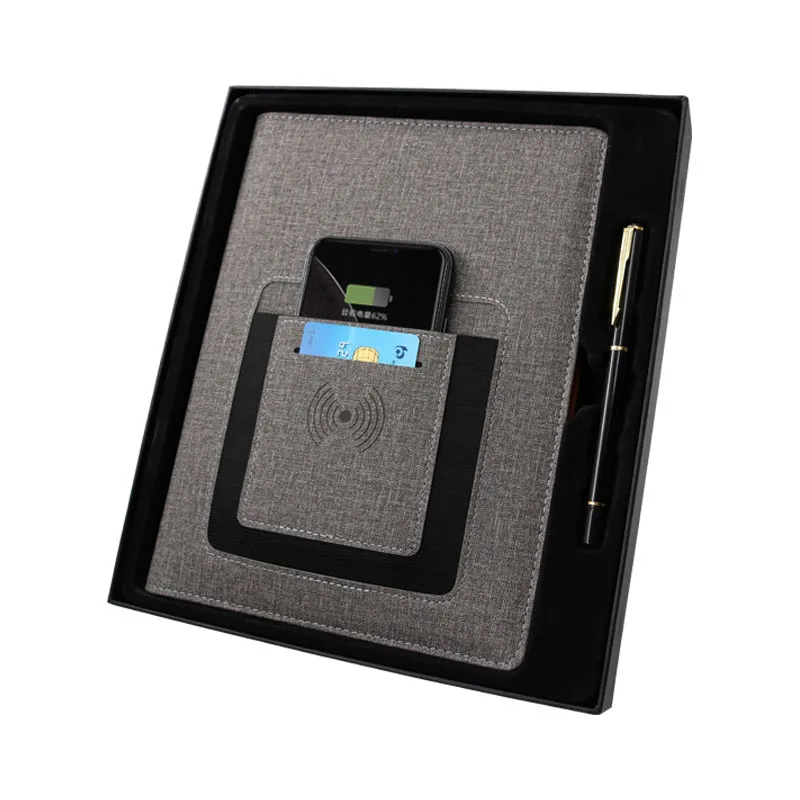 Custom business 8000MA power bank notebook 2022 diary planer 8G USB Wireless charging notepad and pen gift set