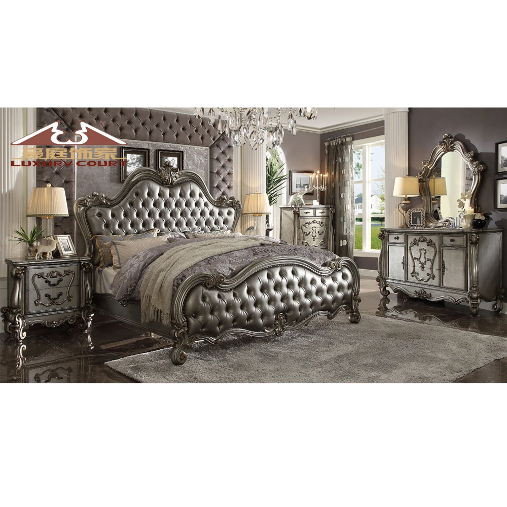 Royal Style Wooden kind size bed with Stool bedroom Furniture Set