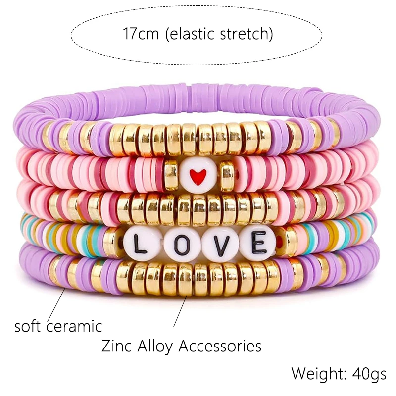Girls Stackable Layered Pinky Surf Clay Beaded Stretch Bracelet set couple bracelet long-distance touch love