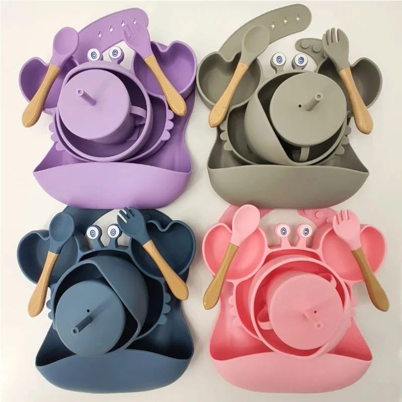 New Design 6 Pieces Food Grade Non-toxic Complementary Food Crab Plate Tableware Bpa Free Baby Silicone Baby Feeding Set