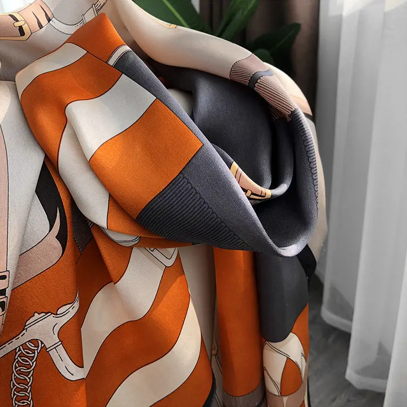 90*180cm Women Fashion Large Silk Scarf Korean Style Geometric Pattern Silk Scarves Shawls