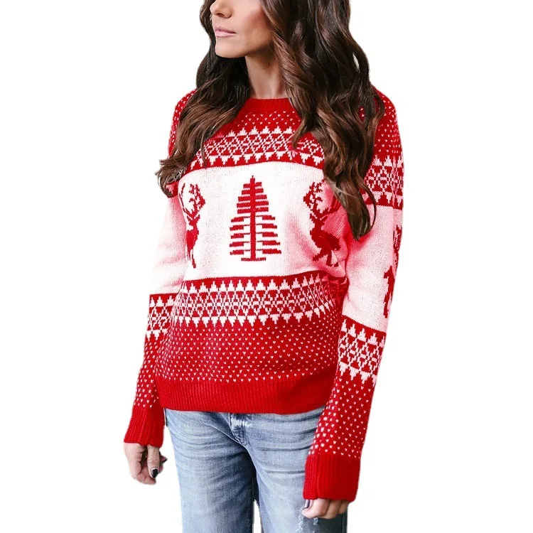 Hot Sale Women Knit Tops Christmas Loose Deer Printed Bottoming Sweater Wholesale