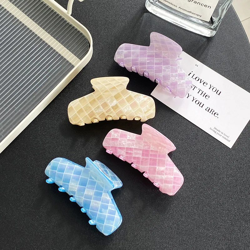 HONEY 9.5CM Acetic acid sheet advanced color plaid grab clip all hair shark claw,Versatile hair curling shark clip