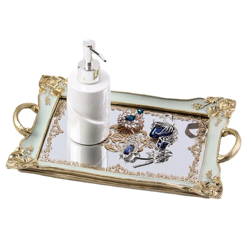 European Style gold Decoration Custom Hotel Home Decor Antique serving Mirror Square Jewelry Resin Fruit Tray For Wedding luxury