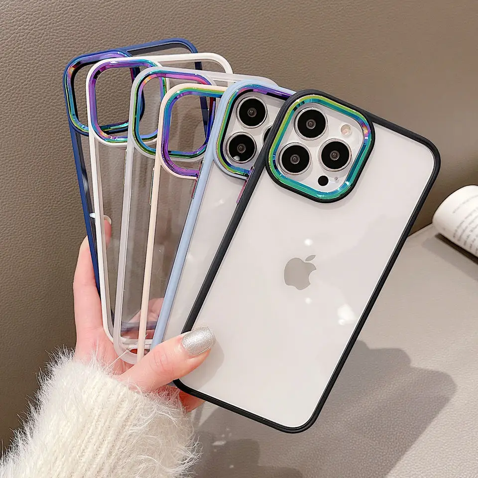 Electroplated Metal Camera Protective Phone Case For iPhone 14 13 12 11 Pro Max Laser Plain Shockproof Transparent Soft Cover