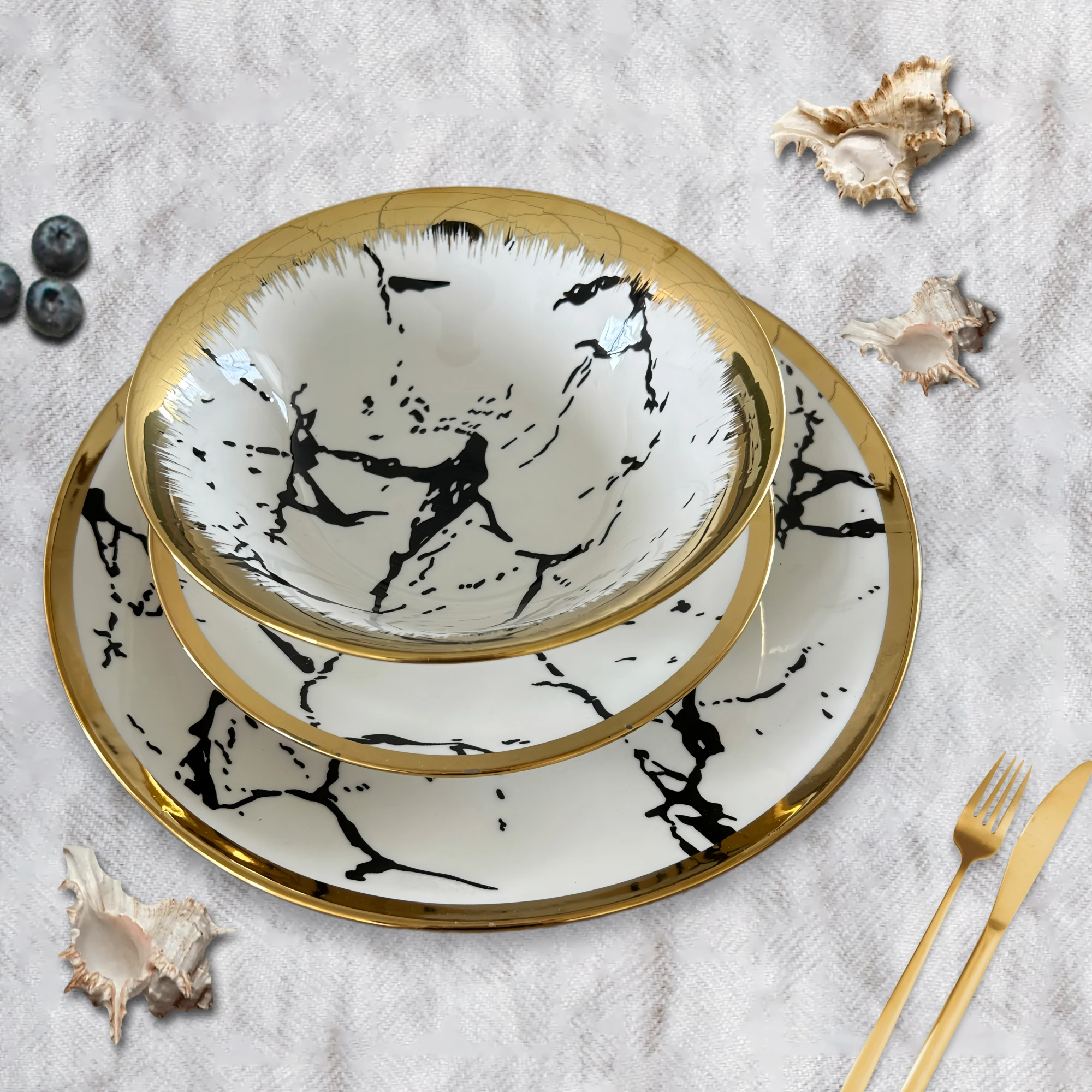 Porcelain Dinnerware Gold Rim Ink Pattern Home Party Wedding Restaurants Luxury  Royal Modern Set Porcelain Dinnerware