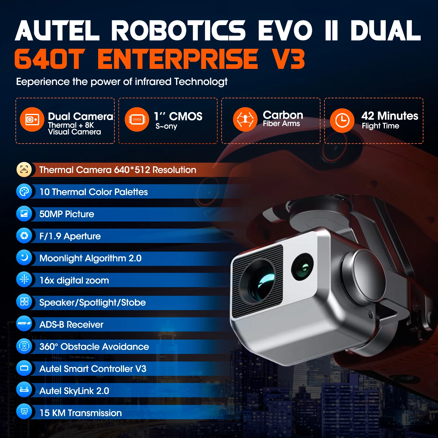 Autel Robotics EVO 2 II Dual 640T Enterprise V3 Professional Commercial Dron 10KM Long Range RC Thermal 4K Camera Drone