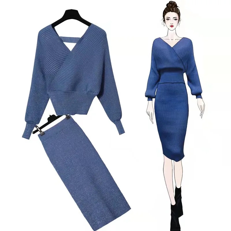 Custom Logo  Plus Size Sweaters Open Back Lantern Sleeve V Neck casual dresses Two  Pieces Set Lady Sweaters