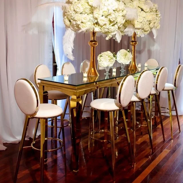 Cocktail party used luxury gold stainless steel wedding high bar table with black glass top