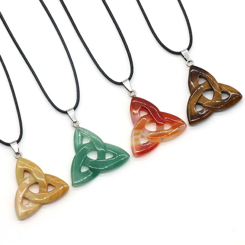 Fashion Healing Crystals Gemstone Jewelry Natural Irish Celtic Knot Triangle Shape Created Opal Stone Pendant Charms Necklace