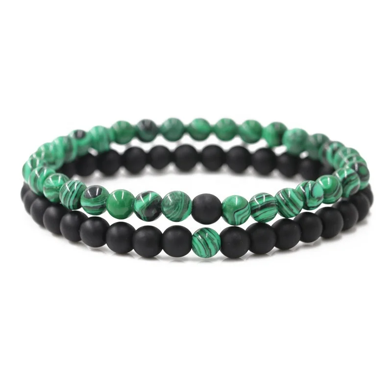 Matt Black Stone &  Malachite Bracelet Set Bracelet Set Jasper Stone Beads Bracelet