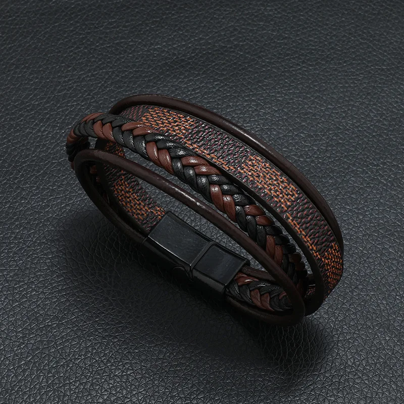 Mens Leather Bracelet with Magnetic Clasp Cowhide Multi-Layer Braided Leather Mens Bracelet