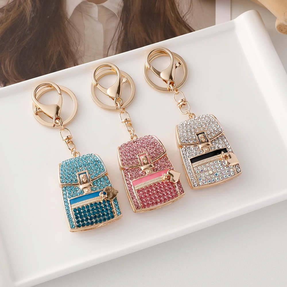 Creative Diamond Love Heart Backpack Charm Key Ring Rhinestone Bag Shaped Pendant Keychain For Couple