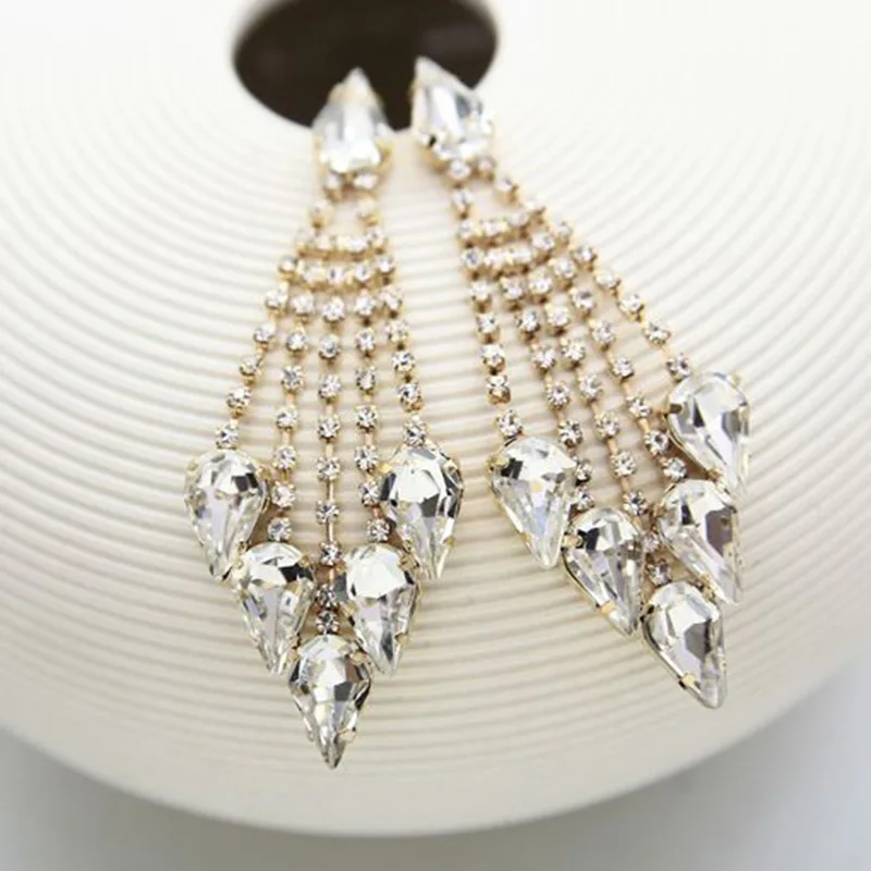 ZWE263 Wholesale Bridal Rhinestones Tassel Earrings Elegant Silver Crystal Stud Earrings Wedding Jewelry