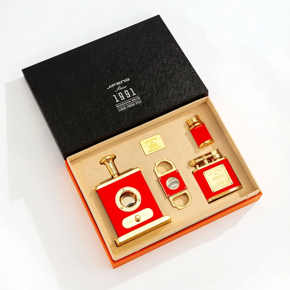 JIFENG JF-TZ263 New arrival popular color luxury business gift for cigar lover metal cigar cutter and lighter gift set accessory