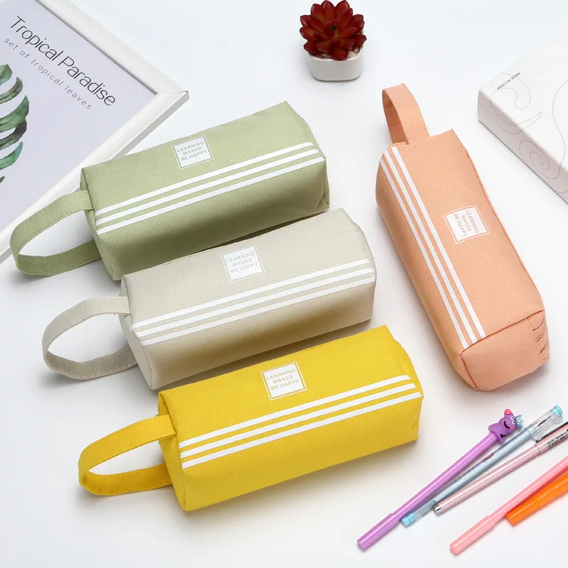 Solid Color Striped Double-layer Stationery Pencil Case Student Large-capacity Portable Custom Pencil Case