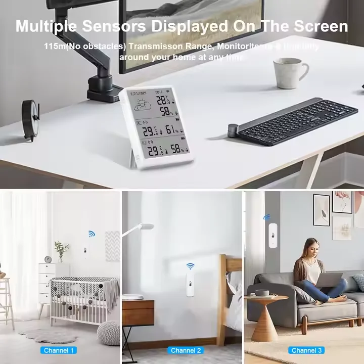 Wale New Product 4.3 inch Tuya WiFi Smart Temperature and Humidity Monitor With Two Extra 433 Mhz Sensor Notification Alert