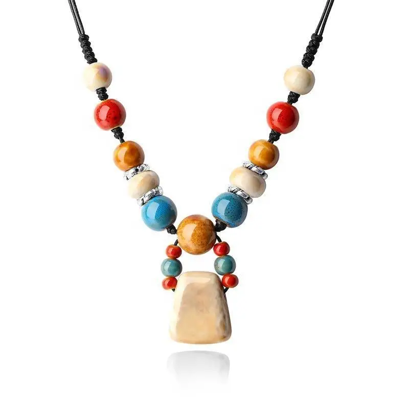 Canya Boho Style Vintage Meditation Necklace Buddhistic Ethnic Style Ceramic Bead Elegant Pendant Sweater Necklace