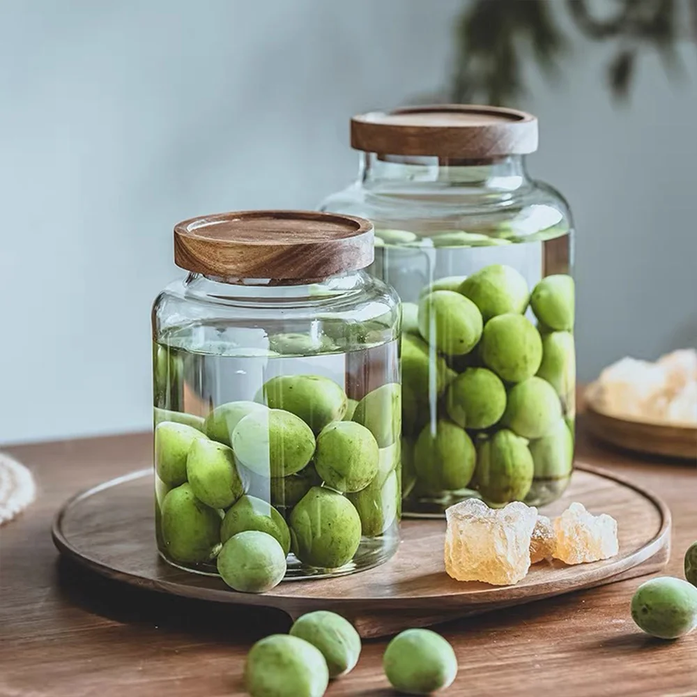 Wholesale 1.6L 2L 3L Food Containers Airtight Large Glass Storage Jar with Acacia Wooden Lid