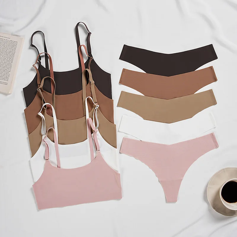 BPD108  New 5 Colors One Piece Seamless T-shaped Sports Underwear Set Ice Silk Nude Women Bra And Panties Sets