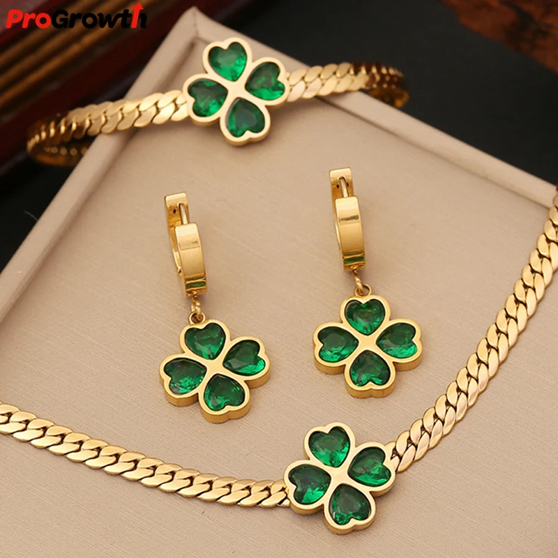 Stainless Steel Clover Emerald Necklace Set Fashion Jewelry Bracelet Hoop Earrings Gold Plated