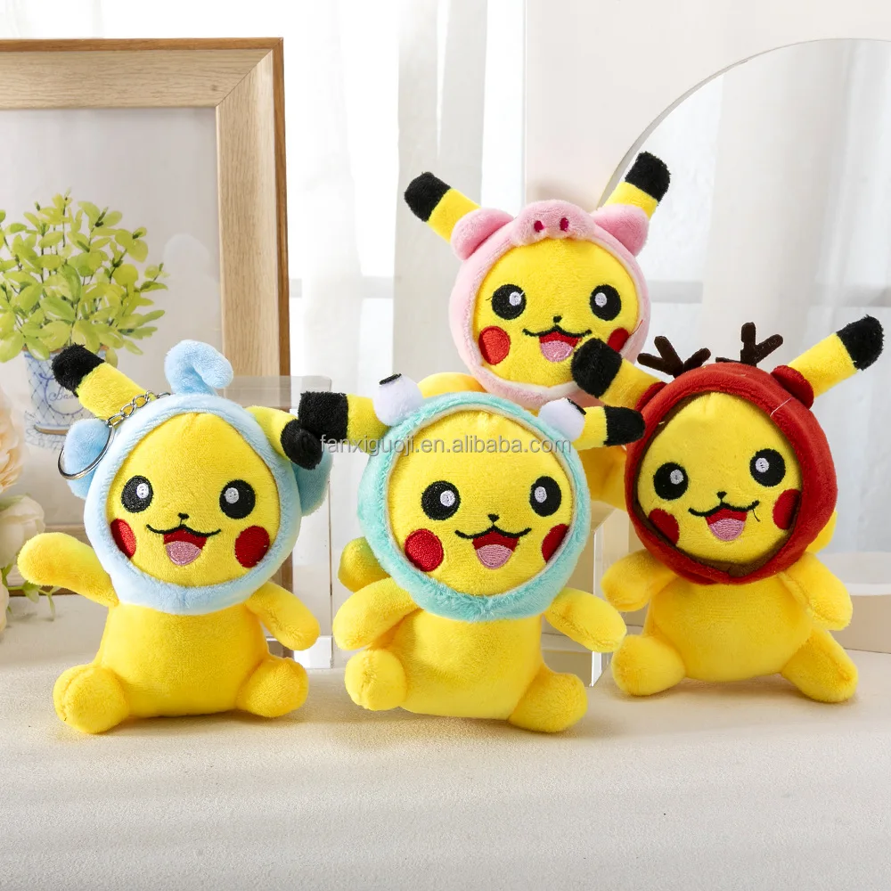 12cm Yellow Toys Cute Pikacchu Cosplay Anime Cartoon Pokemoned Stuffed Plush Keychain Cheap Claw Machine Doll Backpack Dangle