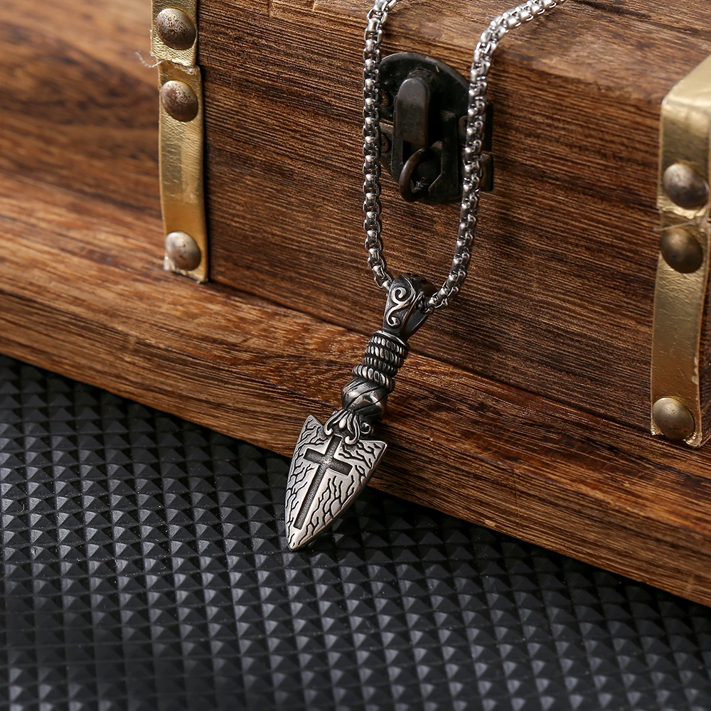 Vintage Punk Viking Man Pendant Jewelry Silver Box Link Chain Stainless Steel Arrowhead Necklace for Man