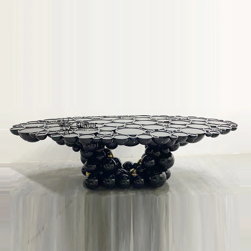Luxury High quality Design Brass Stainless steel Oval black Creative bubble Gloss Wood Top Modern Dining room Charcuteria Table