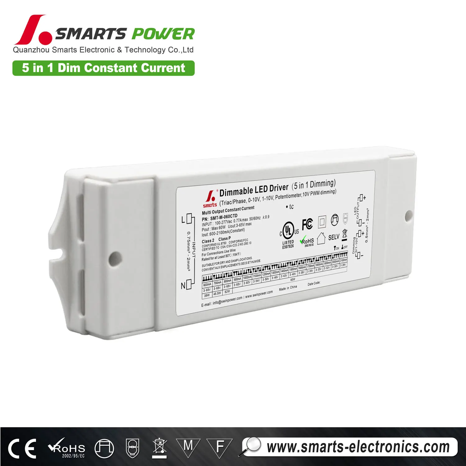 Multi-current adjustable 60w 5 in 1dimmable led power supply driver 600ma 60w