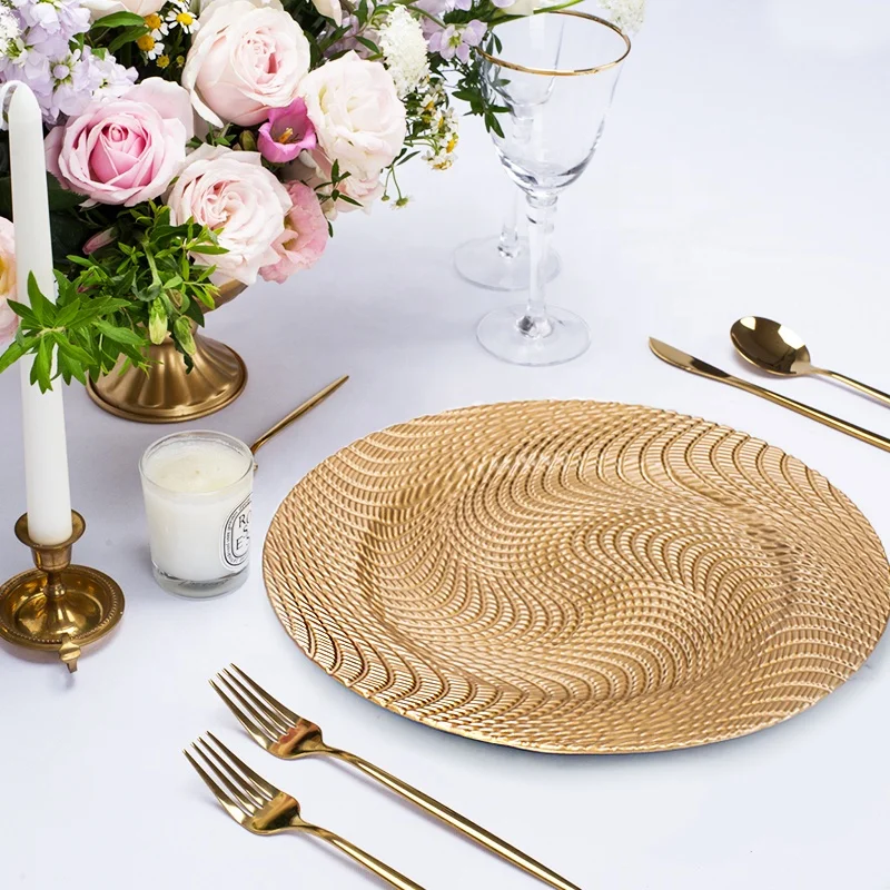 13 inch cheap luxury rose gold plastic table charger plates decorative square silver rimmed beaded reef wedding charger plate
