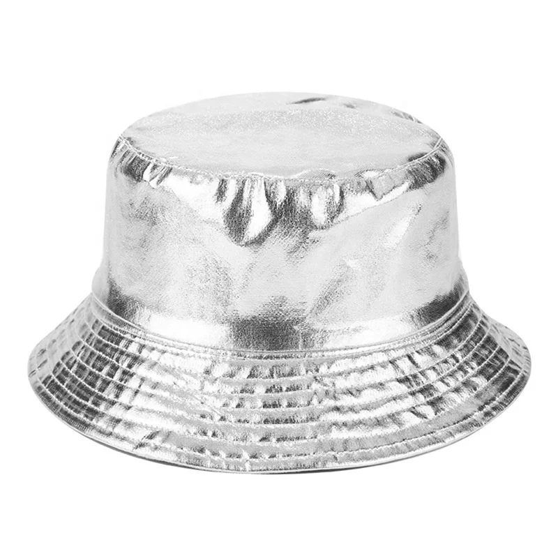New design Stylish Silver Patent Leather Bucket Summer Fishing Hat