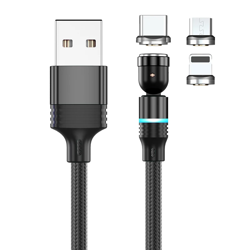Вращающийся на 540 градусов зарядный кабель 3 в 1 светодиодный 3A Type C Micro USB для передачи