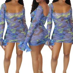 S04192 New arrival 2020 Sexy women sexy mesh sheer transparent print mini dress Women clothing Night Club Dress Two Piece Skirt