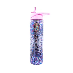 Hot sale glitter double wall clear plastic sports water bottle with straw
