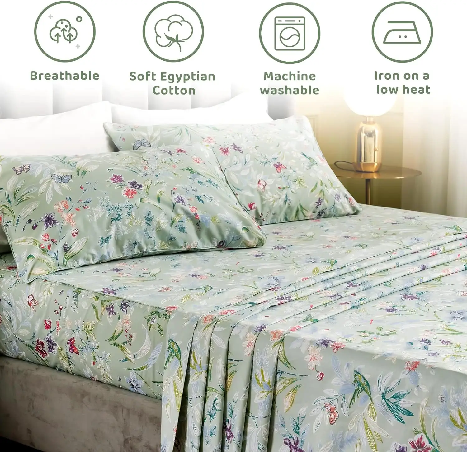 100% Cotton Floral Bed Sheets Set Shabby Flower Bee Print Extra Soft and Breathable 4 pcs Multi Sizes Sheets with Deep Pockets