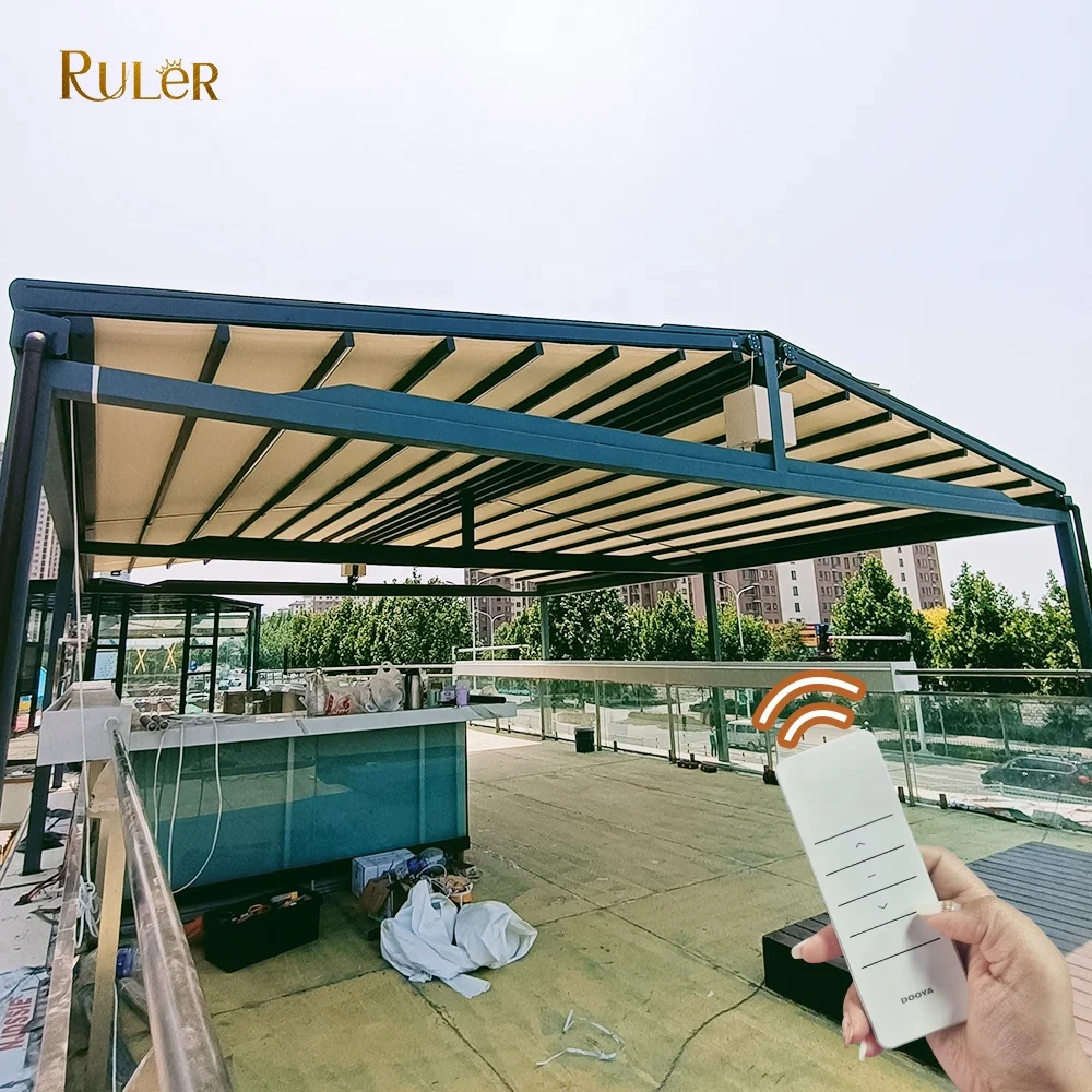 Motorized Waterproof PVC Roof Canopy Patio Roof Awning Retractable Pergola With Led Strip Lights