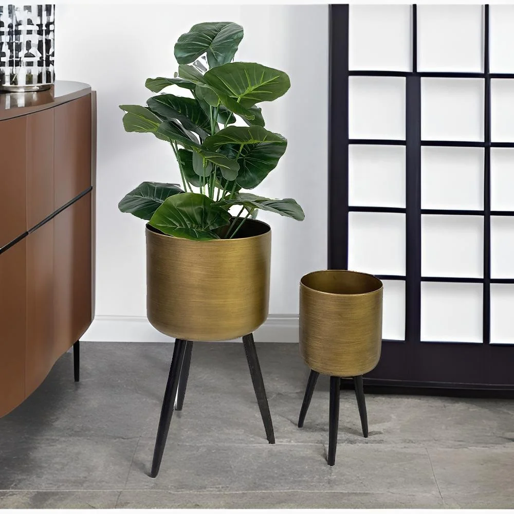Lander Set of 2 Vintage Metal Plant Stands with Large Floor Pots Indoor Outdoor Decorative Planters