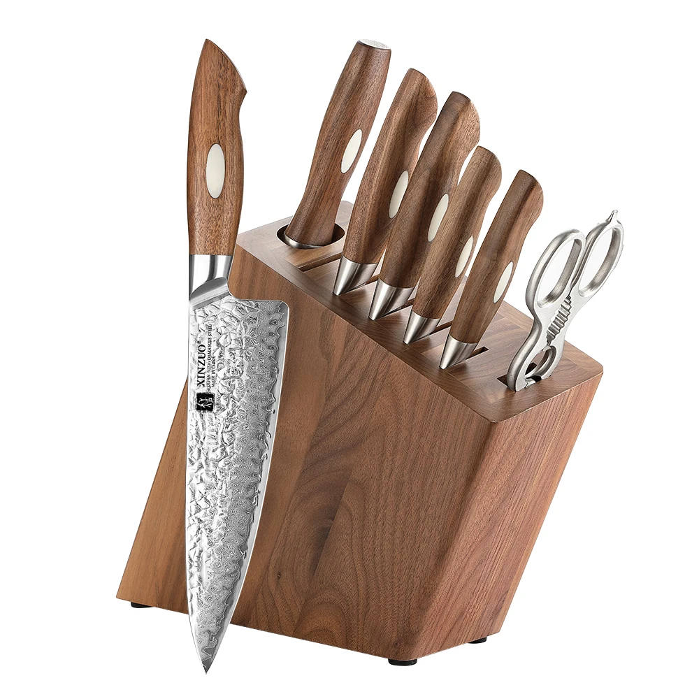 New 8Pcs Original Japanese AUS10 Damascus Steel Walnut Wood Handle Professional Kitchen Chef Knife Set with Holder