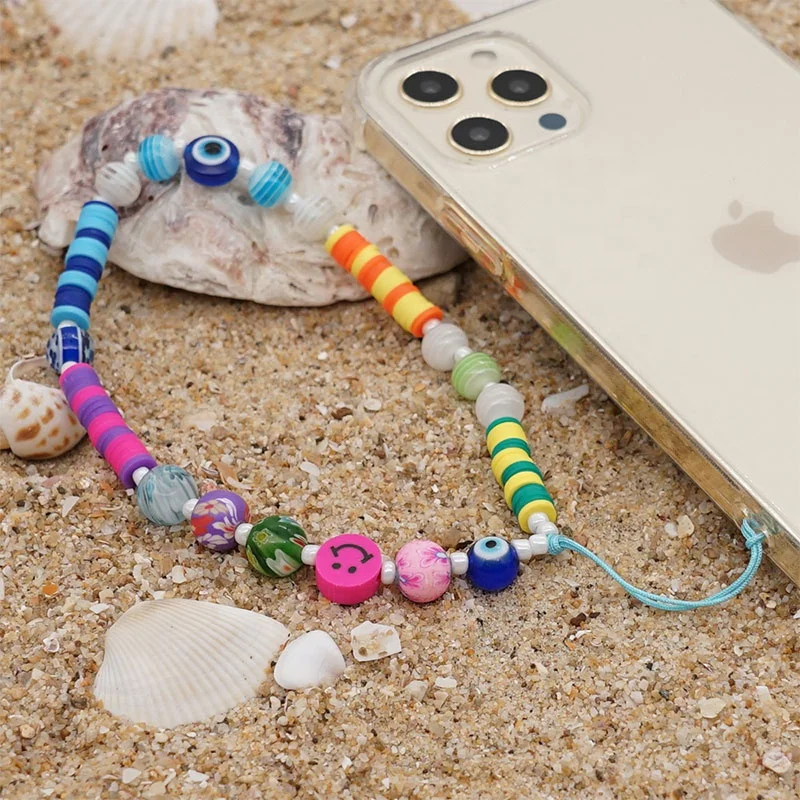 In Stock! Acrylic Resin Mobile Phone Accessories Evil Eye Phone Straps Soft Clay Beads Smiley Face Phone Charms For Women