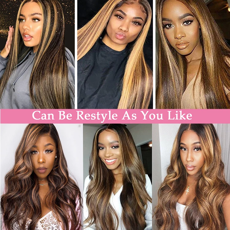Brazilian Virgin Hair Transparent Highlight Lace Front Wig Piano Color 13x6 HD  Lace Frontal Ombre Real Hair Wigs