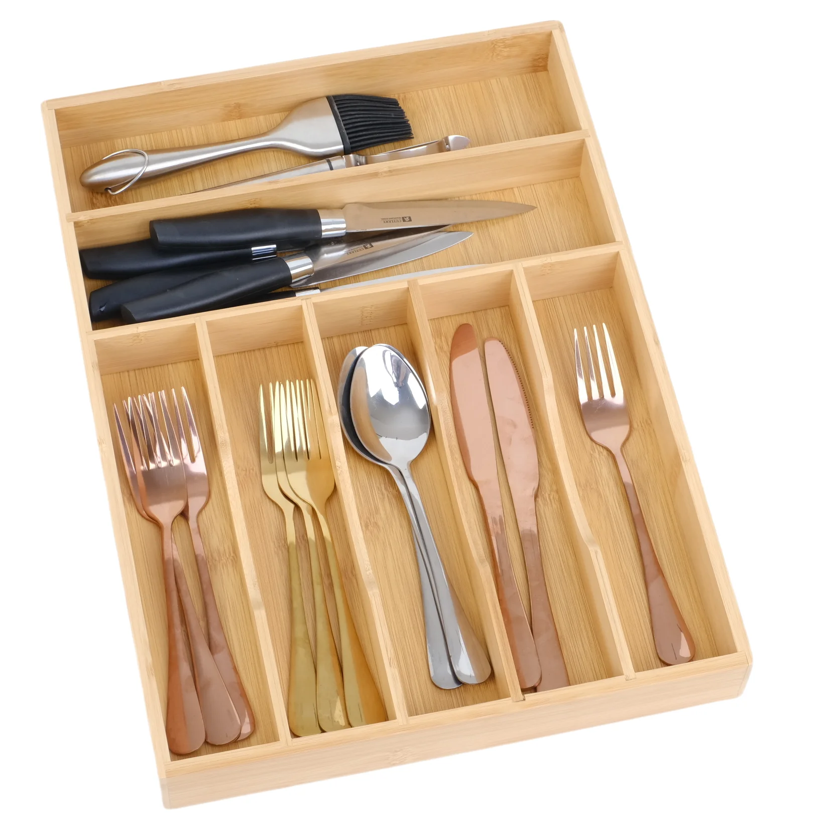 XH Bamboo Kitchen Utensil Drawer Organizer Silverware Organizer for Drawer Utensil Holder Cutlery Organizer 7 Compartment