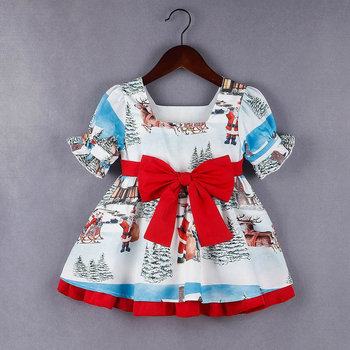 2023 New Baby Infant Girl Floral Bow tie Christmas Short Sleeve Dress 1-5 Years