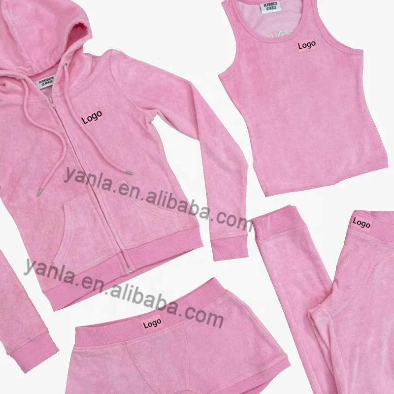 2022 Custom Logo Streetwear Solid Color Terry Toweling Bodysuit Tracksuits Vest Short Sweatshirt  Pants 4 Piece Set for Woman