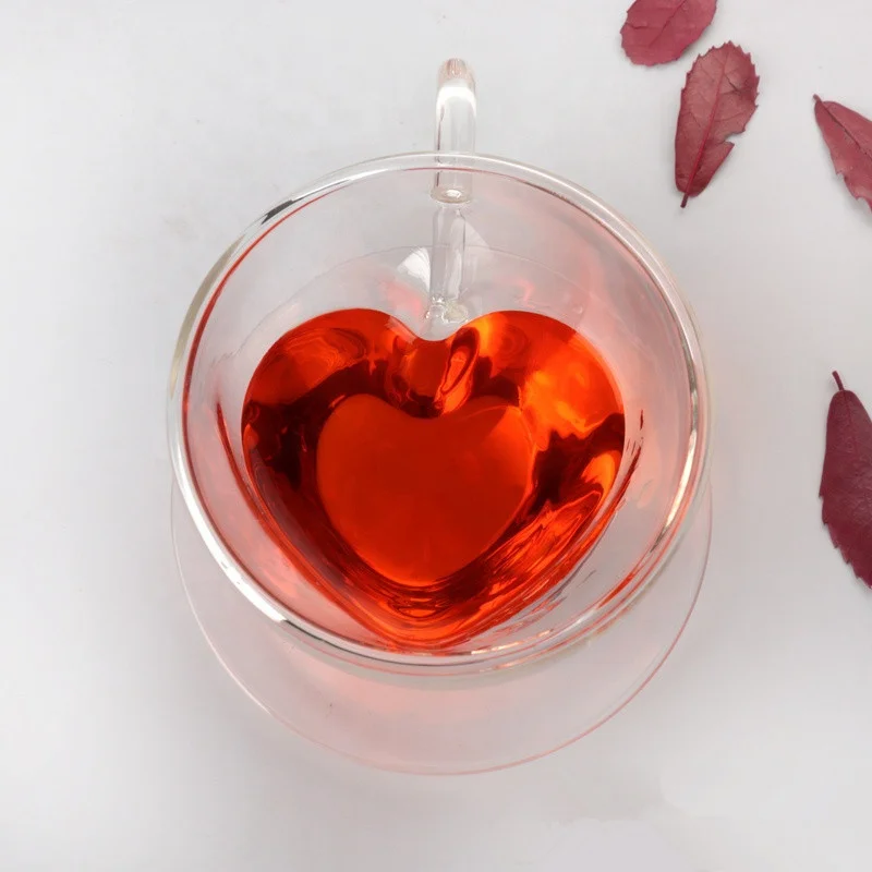 Manufacturer high borosilicate 180ml 6oz double wall glass cup heart love shaped glass coffee tea cup heart glass mug