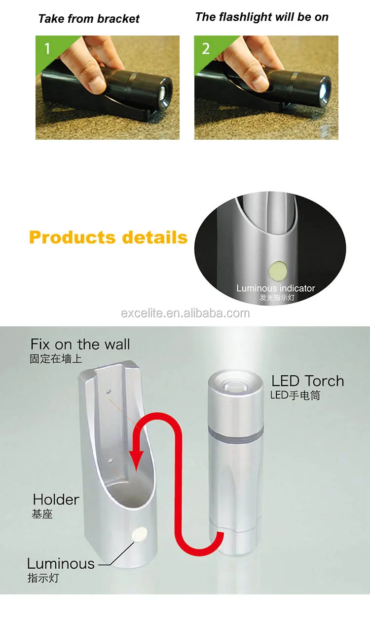 Hote Sale Emergency Hotel Wall Mounted Flashlight LED ABS Emergency Torch Light Rechargeable Flashlight Black White 80g Ip44 >12