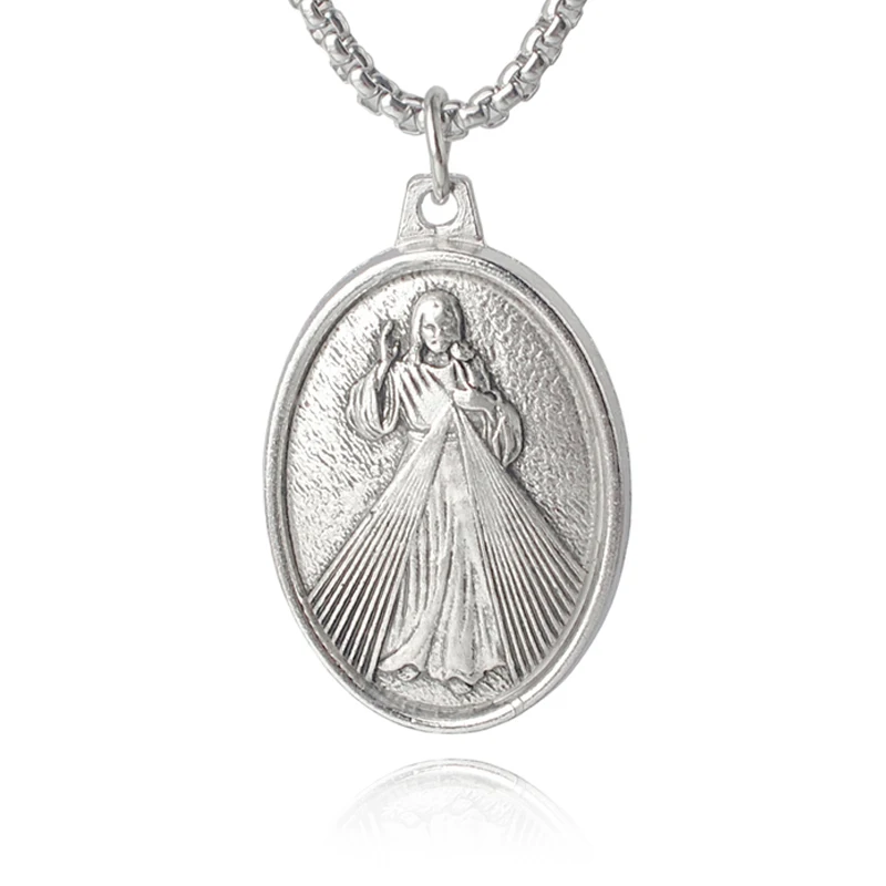 Fashion Jewelry Religious Catholic Gifts Divine Mercy Prayer Pendant Stainless Steel Necklace with Box