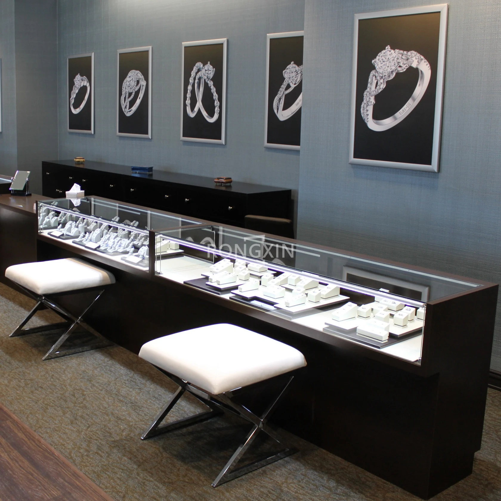 Популярный современный дизайн ювелирных изделий магазин Настраиваемые модные деревянная витрина со стеклянной столешницей крышка