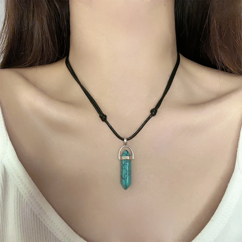 Fashion Hexagonal Column Bullet Pendants Jewelry Necklace Crystal Quartz Healing Point Chakra Stone Long Charms Chains